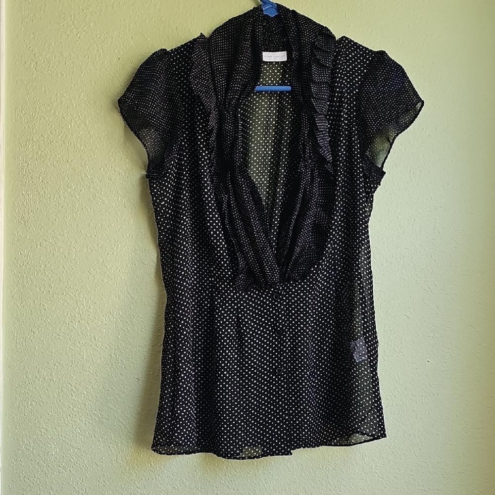 New York & Company Elegant, Black and White Polka Dot Sheer Blouse, Small
